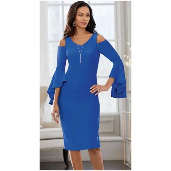 Midnight Velvet Blue Cold Shoulder Bell Sleeve Dress - Picture 16 of 16